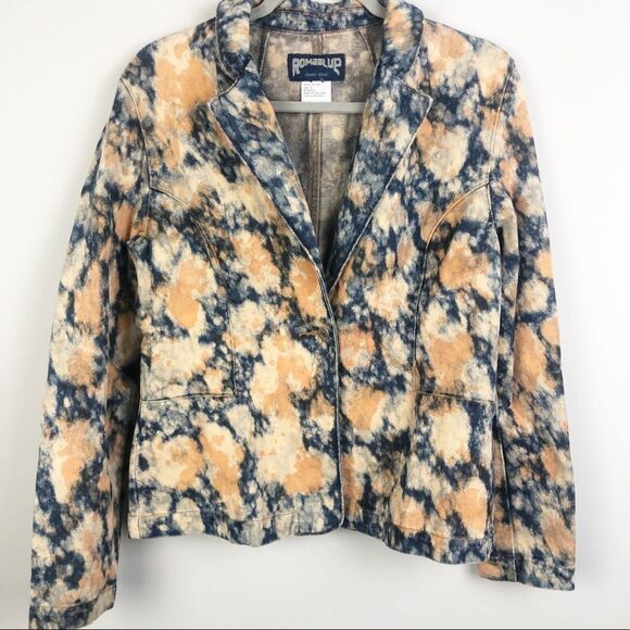 ROMABLUE Vintage Look Bleach Tie Dye Denim Jacket Blue Orange Women’s Size Large - Picture 1 of 13